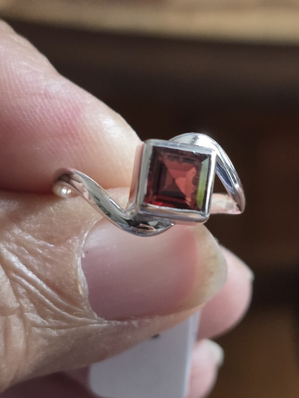 Sterling Silver Ring with Square Garnet-Red Gemstone